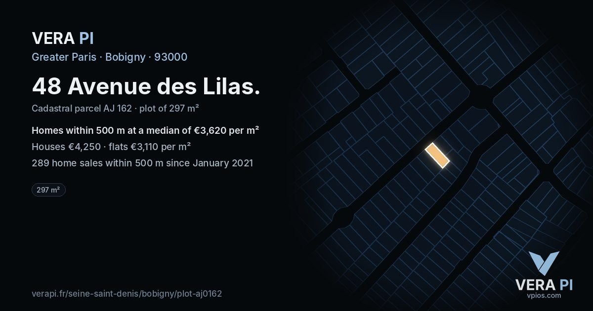 48 Avenue des Lilas, Bobigny at night – the plot lit, the parcels around coloured by the prices near them