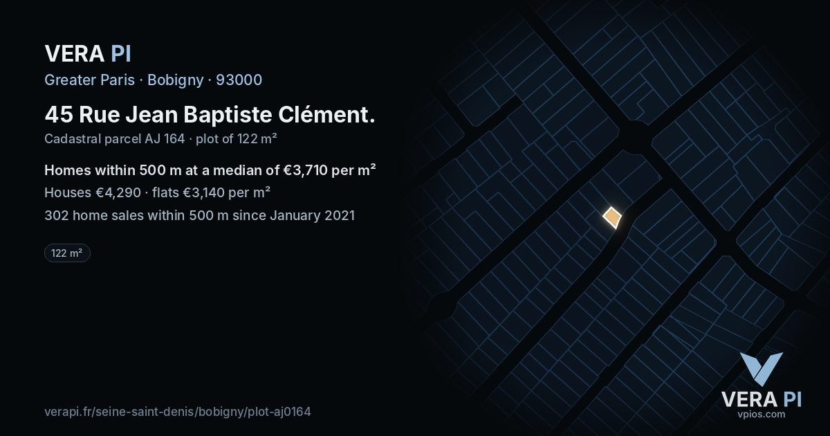 45 Rue Jean Baptiste Clément, Bobigny at night – the plot lit, the parcels around coloured by the prices near them