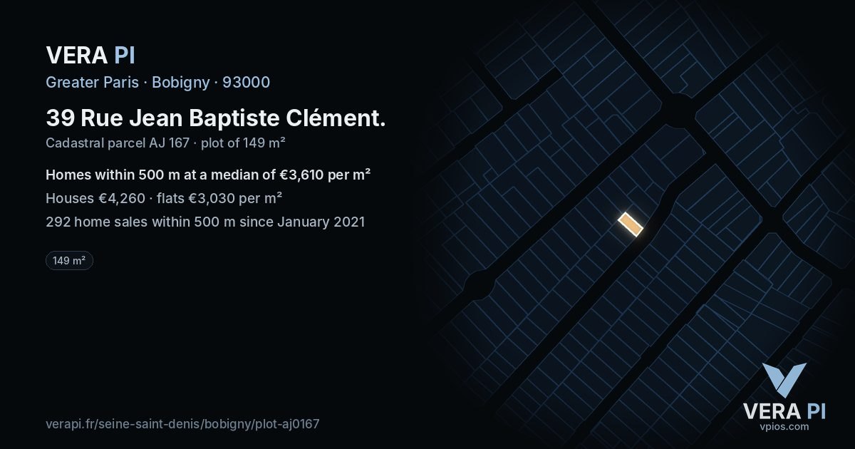 39 Rue Jean Baptiste Clément, Bobigny at night – the plot lit, the parcels around coloured by the prices near them