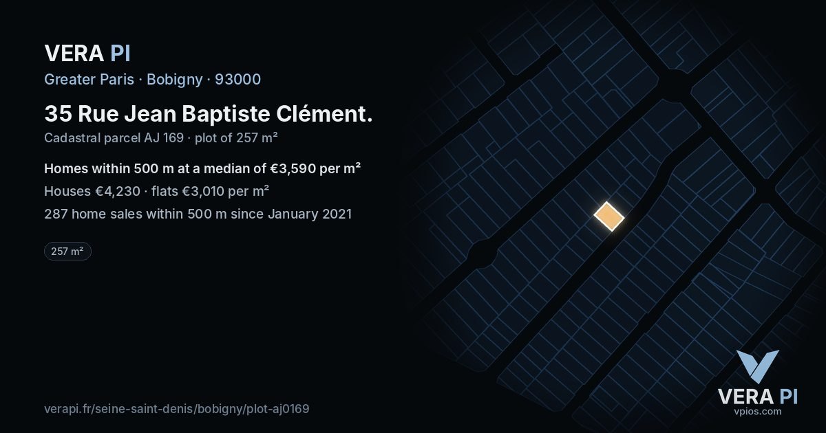 35 Rue Jean Baptiste Clément, Bobigny at night – the plot lit, the parcels around coloured by the prices near them