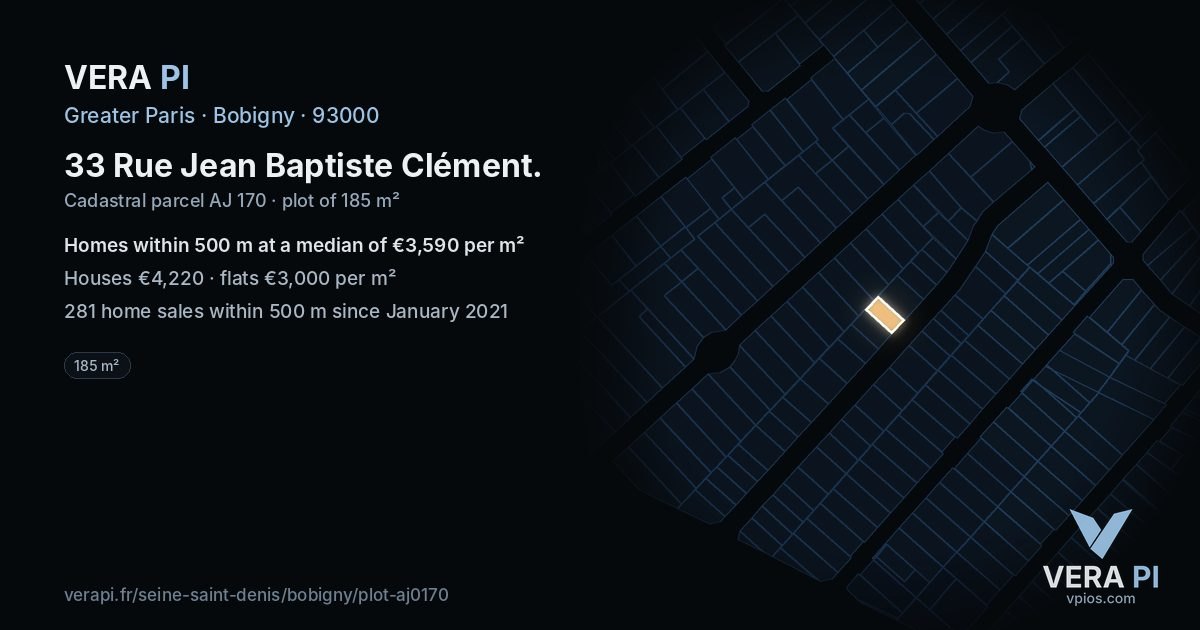 33 Rue Jean Baptiste Clément, Bobigny at night – the plot lit, the parcels around coloured by the prices near them