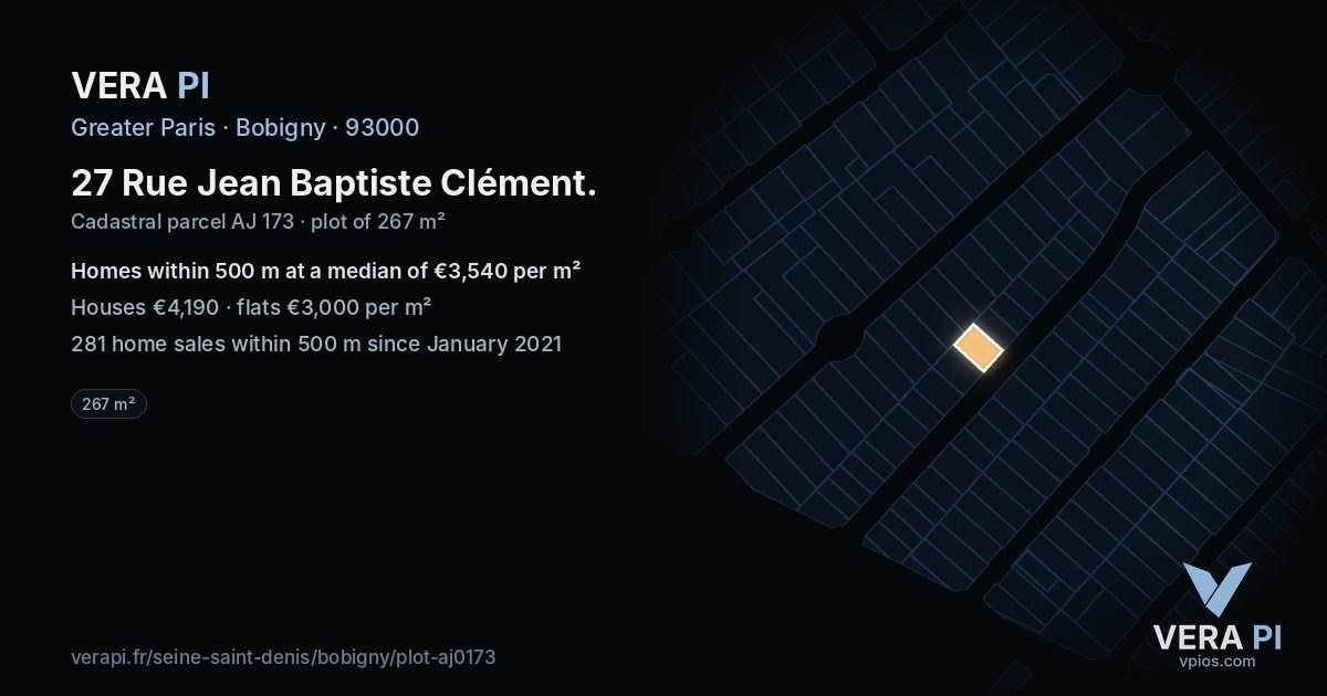 27 Rue Jean Baptiste Clément, Bobigny at night – the plot lit, the parcels around coloured by the prices near them