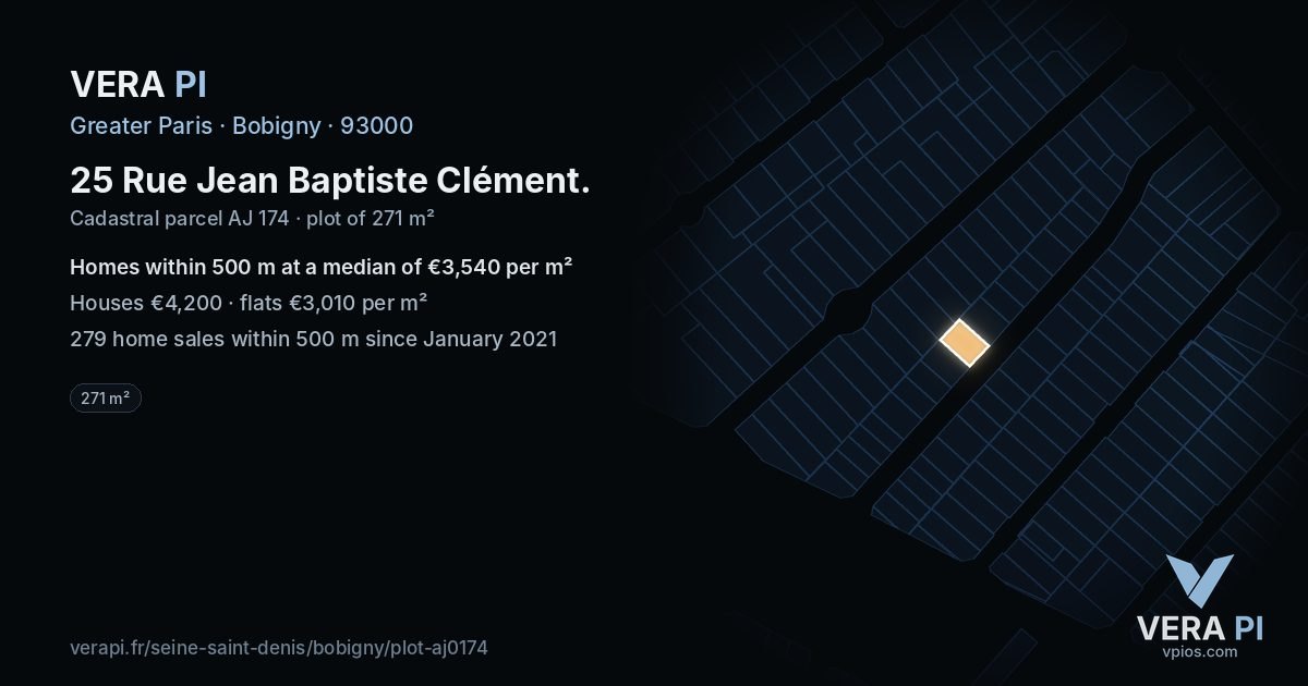 25 Rue Jean Baptiste Clément, Bobigny at night – the plot lit, the parcels around coloured by the prices near them
