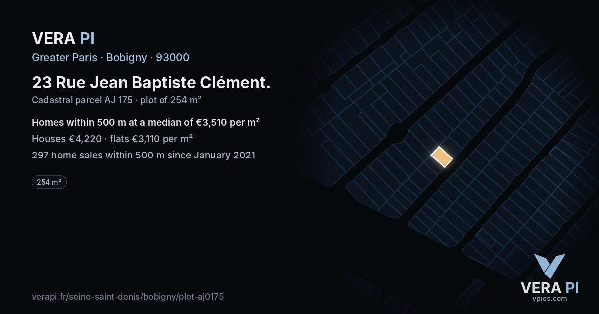 23 Rue Jean Baptiste Clément, Bobigny at night – the plot lit, the parcels around coloured by the prices near them