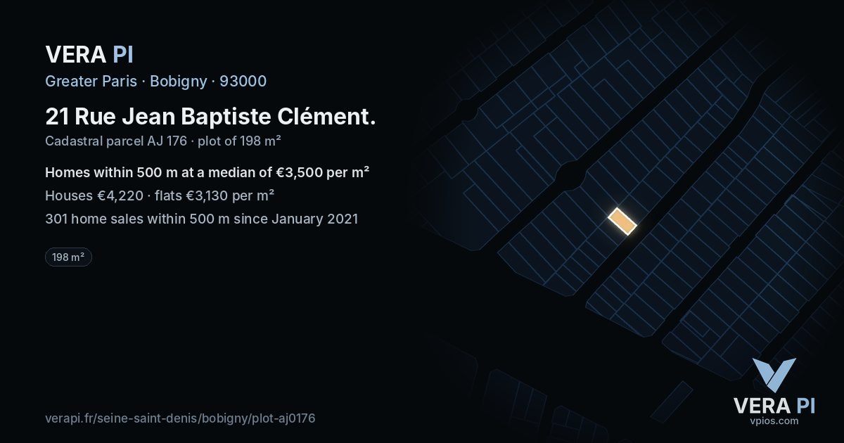 21 Rue Jean Baptiste Clément, Bobigny at night – the plot lit, the parcels around coloured by the prices near them