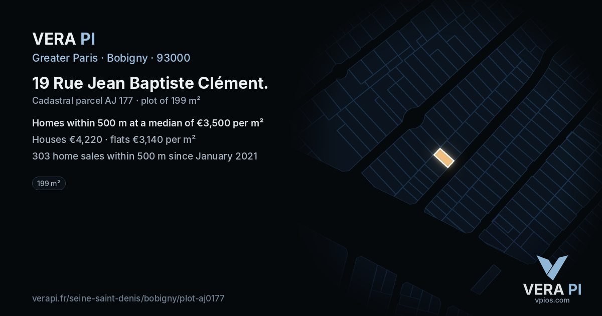 19 Rue Jean Baptiste Clément, Bobigny at night – the plot lit, the parcels around coloured by the prices near them