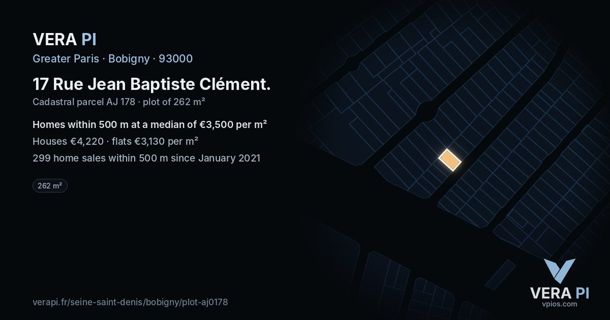 17 Rue Jean Baptiste Clément, Bobigny at night – the plot lit, the parcels around coloured by the prices near them