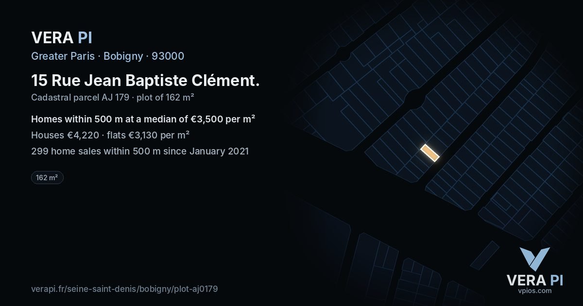 15 Rue Jean Baptiste Clément, Bobigny at night – the plot lit, the parcels around coloured by the prices near them
