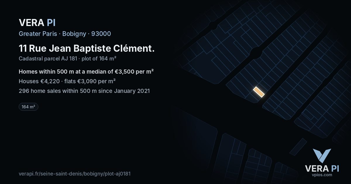 11 Rue Jean Baptiste Clément, Bobigny at night – the plot lit, the parcels around coloured by the prices near them
