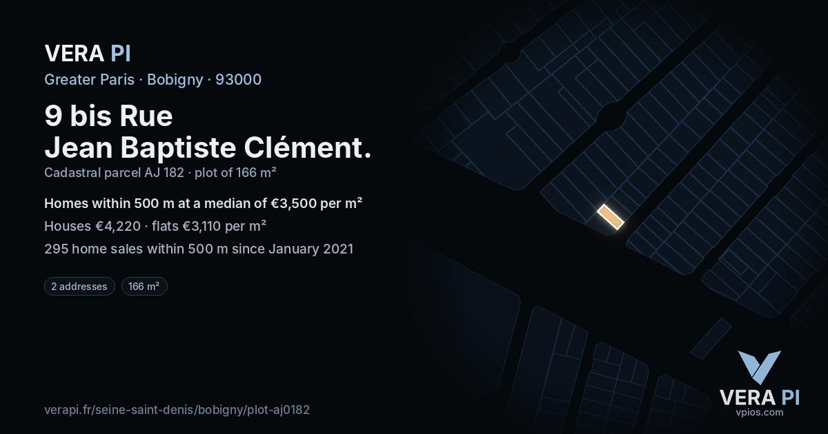 9 bis Rue Jean Baptiste Clément, Bobigny at night – the plot lit, the parcels around coloured by the prices near them