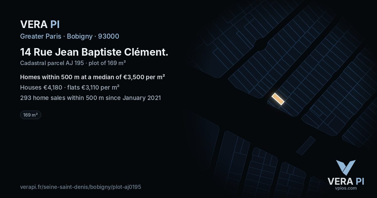 14 Rue Jean Baptiste Clément, Bobigny at night – the plot lit, the parcels around coloured by the prices near them
