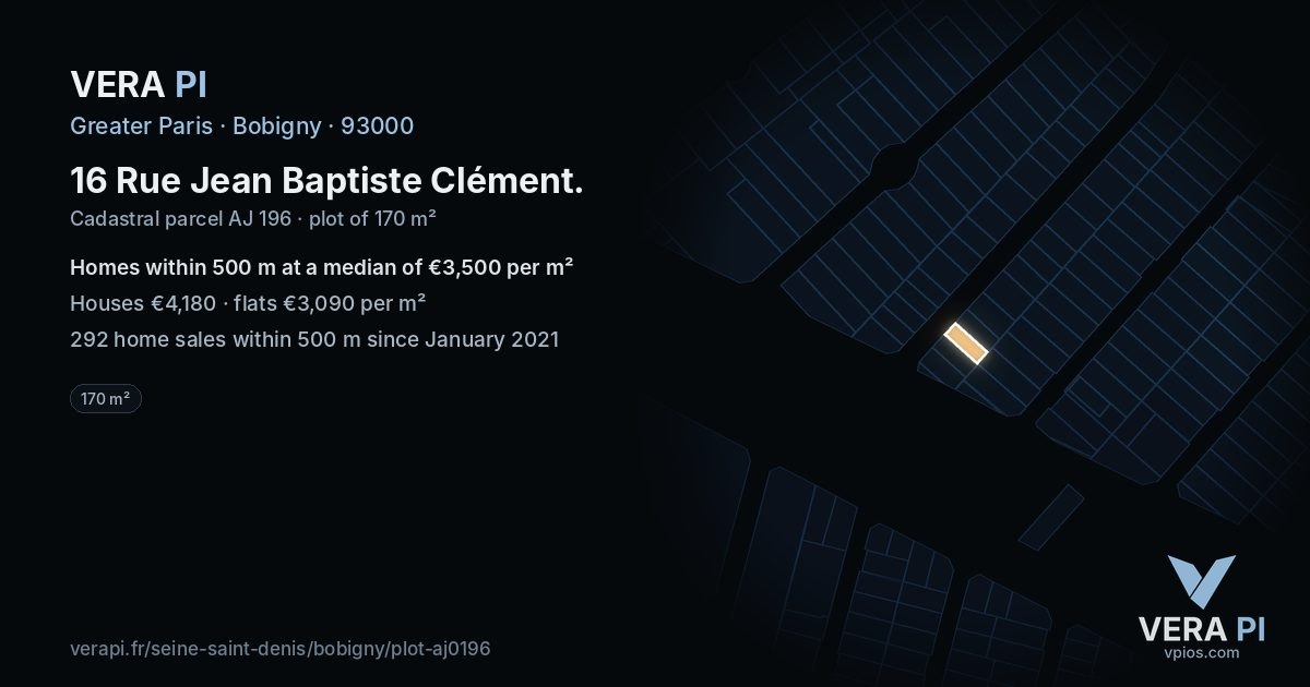 16 Rue Jean Baptiste Clément, Bobigny at night – the plot lit, the parcels around coloured by the prices near them