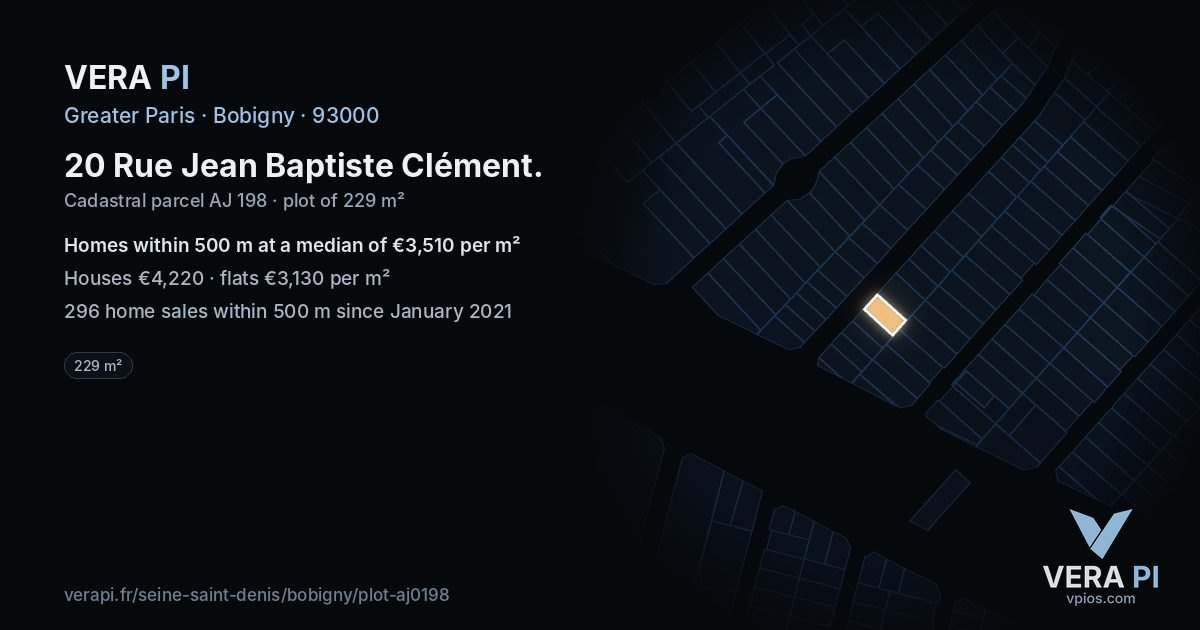 20 Rue Jean Baptiste Clément, Bobigny at night – the plot lit, the parcels around coloured by the prices near them