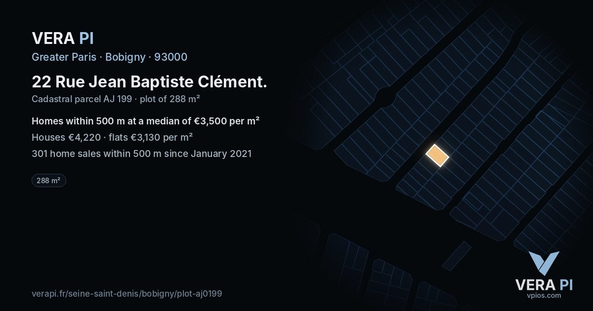 22 Rue Jean Baptiste Clément, Bobigny at night – the plot lit, the parcels around coloured by the prices near them