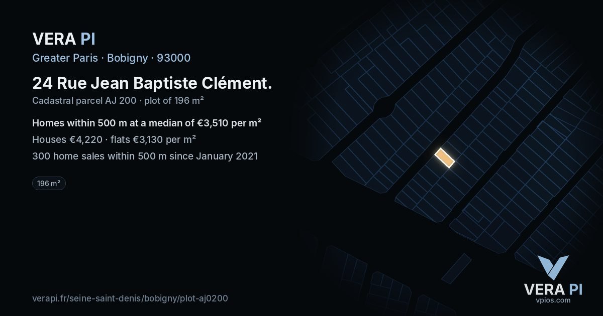 24 Rue Jean Baptiste Clément, Bobigny at night – the plot lit, the parcels around coloured by the prices near them