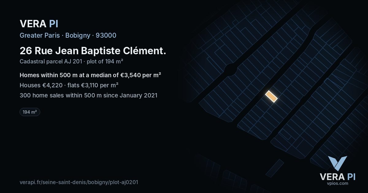 26 Rue Jean Baptiste Clément, Bobigny at night – the plot lit, the parcels around coloured by the prices near them