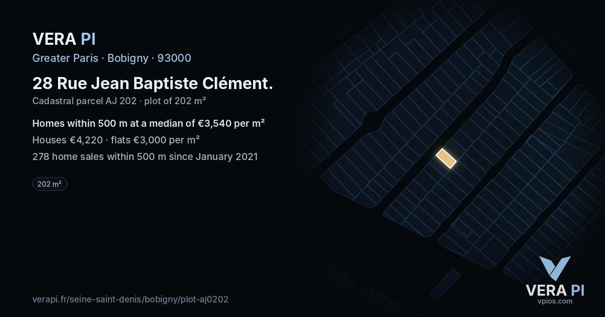 28 Rue Jean Baptiste Clément, Bobigny at night – the plot lit, the parcels around coloured by the prices near them