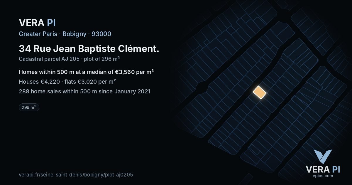 34 Rue Jean Baptiste Clément, Bobigny at night – the plot lit, the parcels around coloured by the prices near them