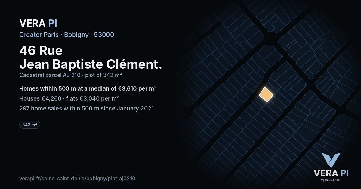 46 Rue Jean Baptiste Clément, Bobigny at night – the plot lit, the parcels around coloured by the prices near them