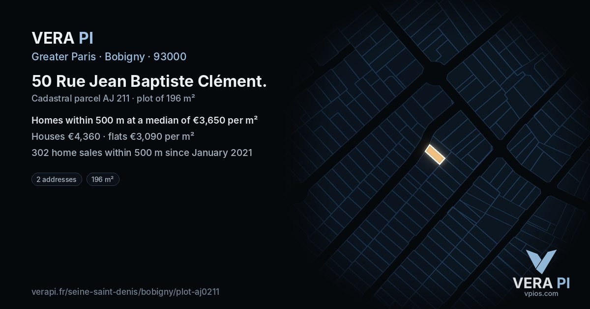 50 Rue Jean Baptiste Clément, Bobigny at night – the plot lit, the parcels around coloured by the prices near them