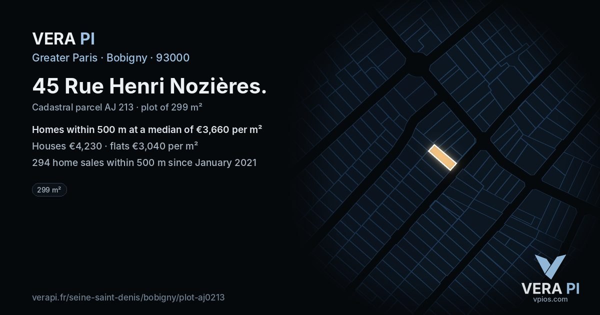 45 Rue Henri Nozières, Bobigny at night – the plot lit, the parcels around coloured by the prices near them