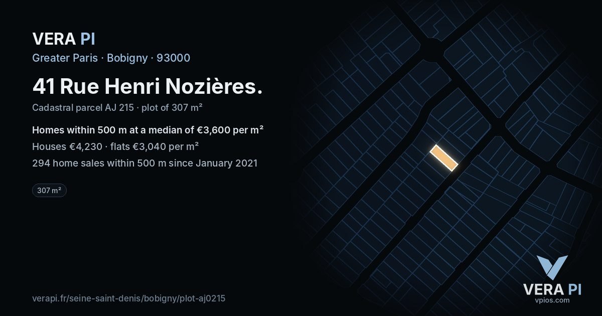 41 Rue Henri Nozières, Bobigny at night – the plot lit, the parcels around coloured by the prices near them