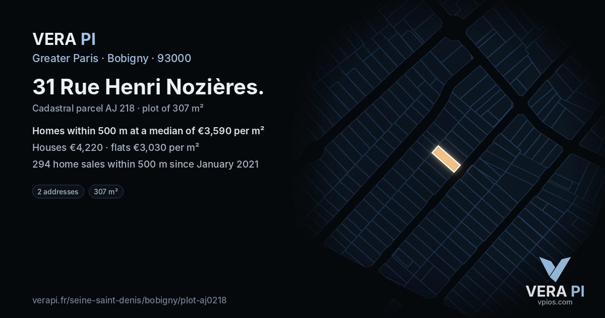 31 Rue Henri Nozières, Bobigny at night – the plot lit, the parcels around coloured by the prices near them