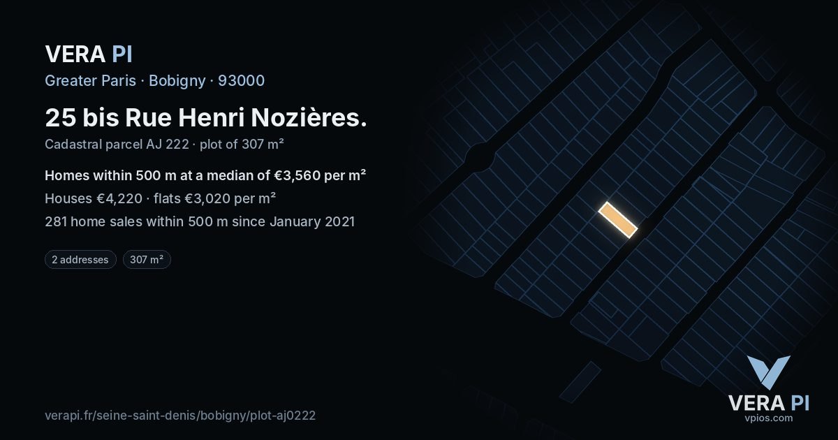 25 bis Rue Henri Nozières, Bobigny at night – the plot lit, the parcels around coloured by the prices near them