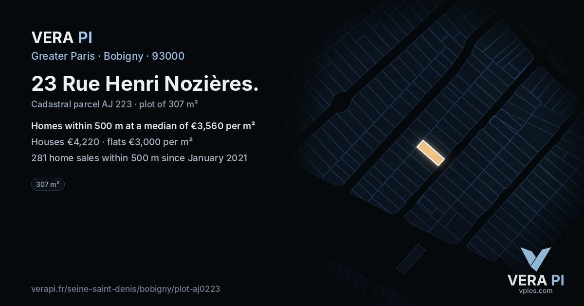 23 Rue Henri Nozières, Bobigny at night – the plot lit, the parcels around coloured by the prices near them