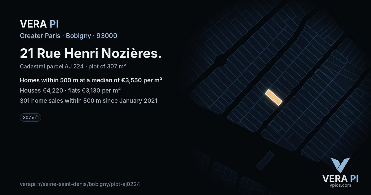 21 Rue Henri Nozières, Bobigny at night – the plot lit, the parcels around coloured by the prices near them