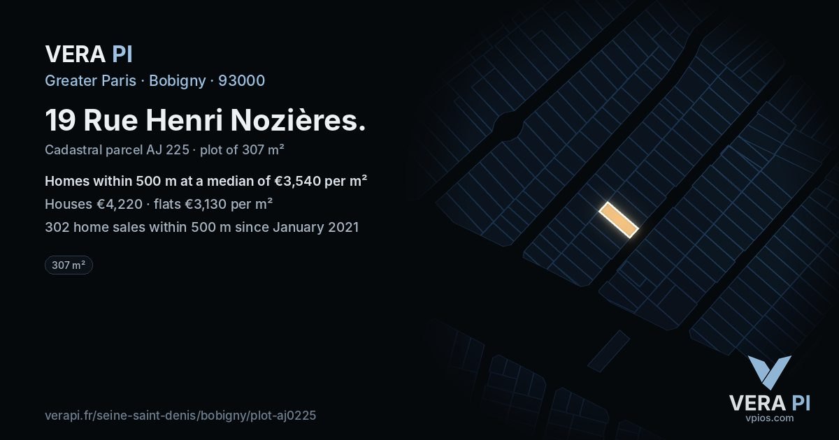 19 Rue Henri Nozières, Bobigny at night – the plot lit, the parcels around coloured by the prices near them