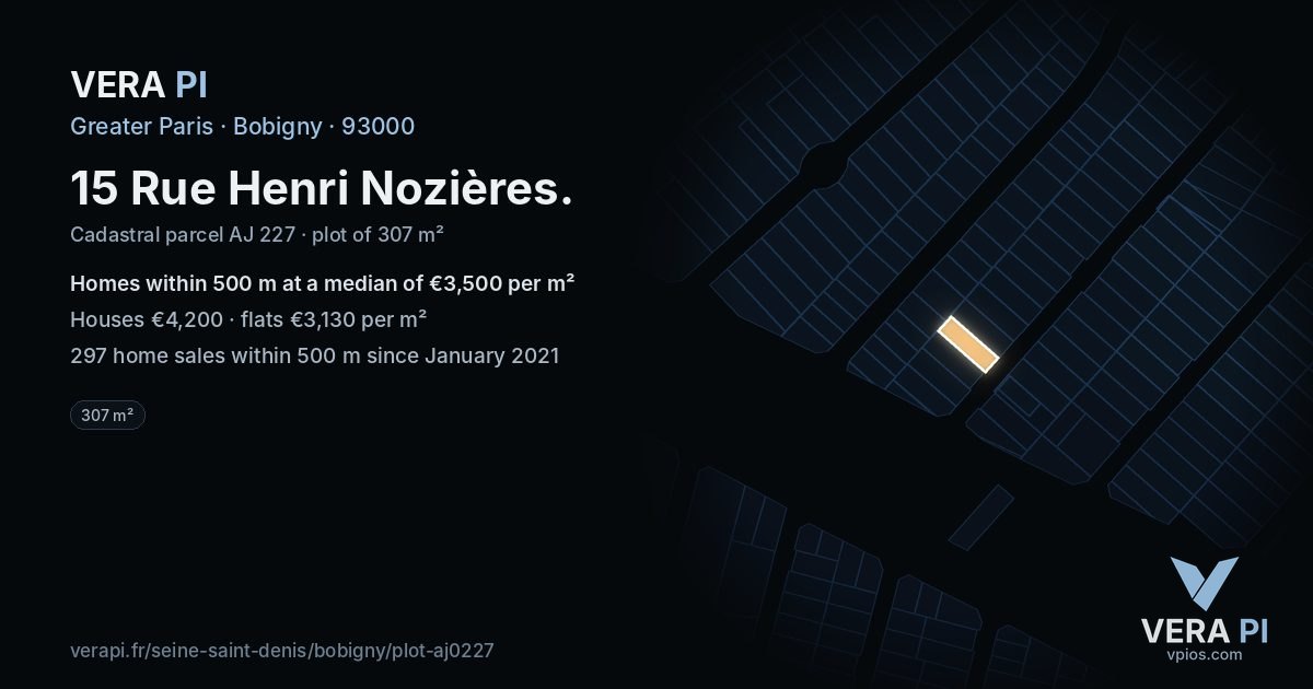 15 Rue Henri Nozières, Bobigny at night – the plot lit, the parcels around coloured by the prices near them