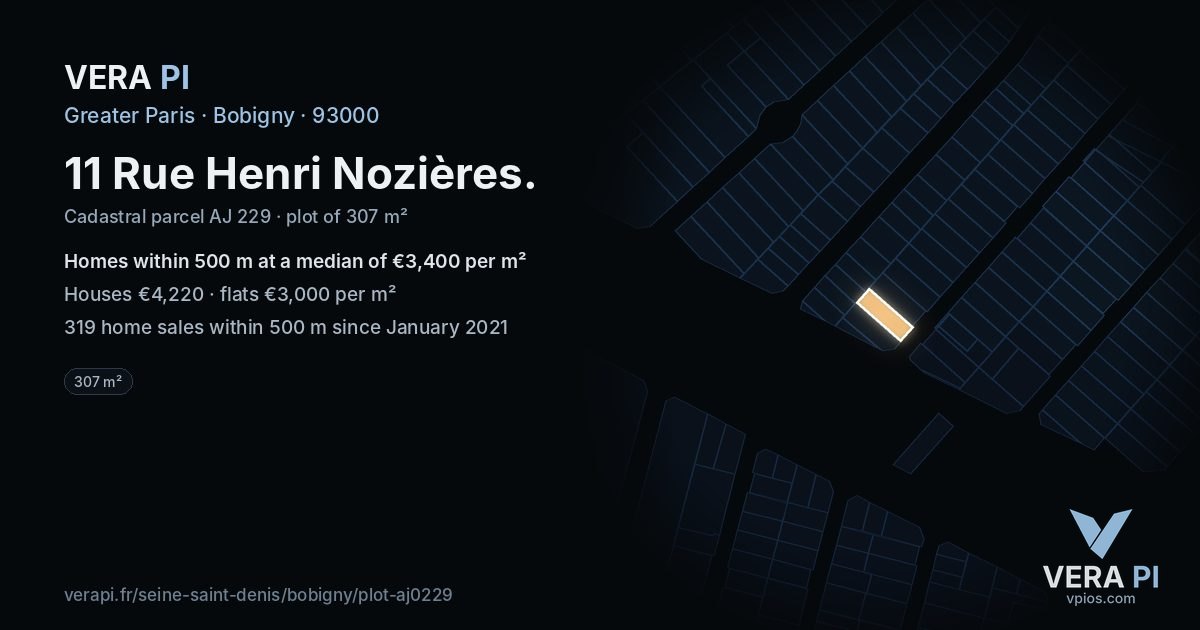 11 Rue Henri Nozières, Bobigny at night – the plot lit, the parcels around coloured by the prices near them