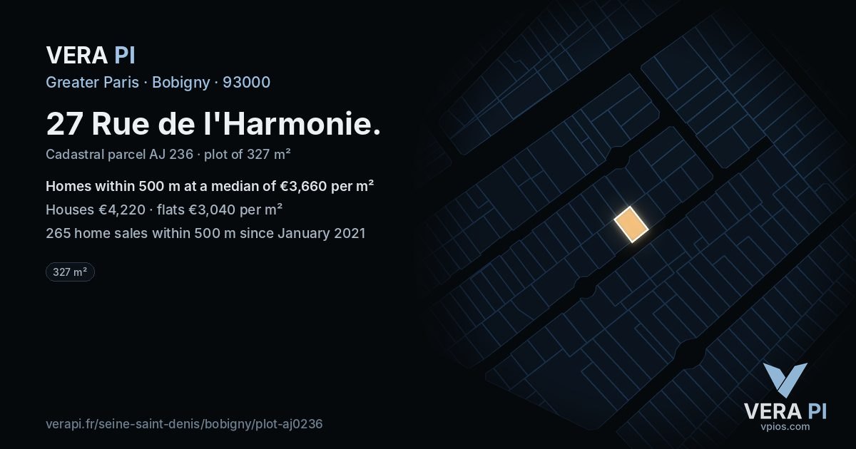 27 Rue de l'Harmonie, Bobigny at night – the plot lit, the parcels around coloured by the prices near them