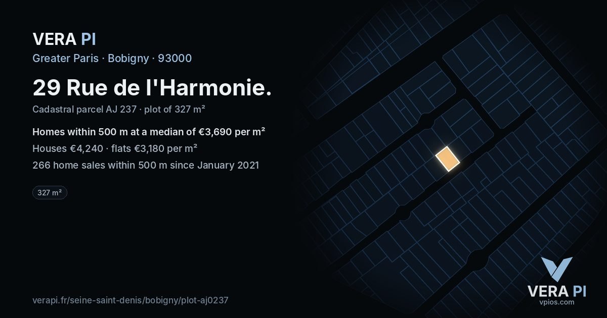 29 Rue de l'Harmonie, Bobigny at night – the plot lit, the parcels around coloured by the prices near them