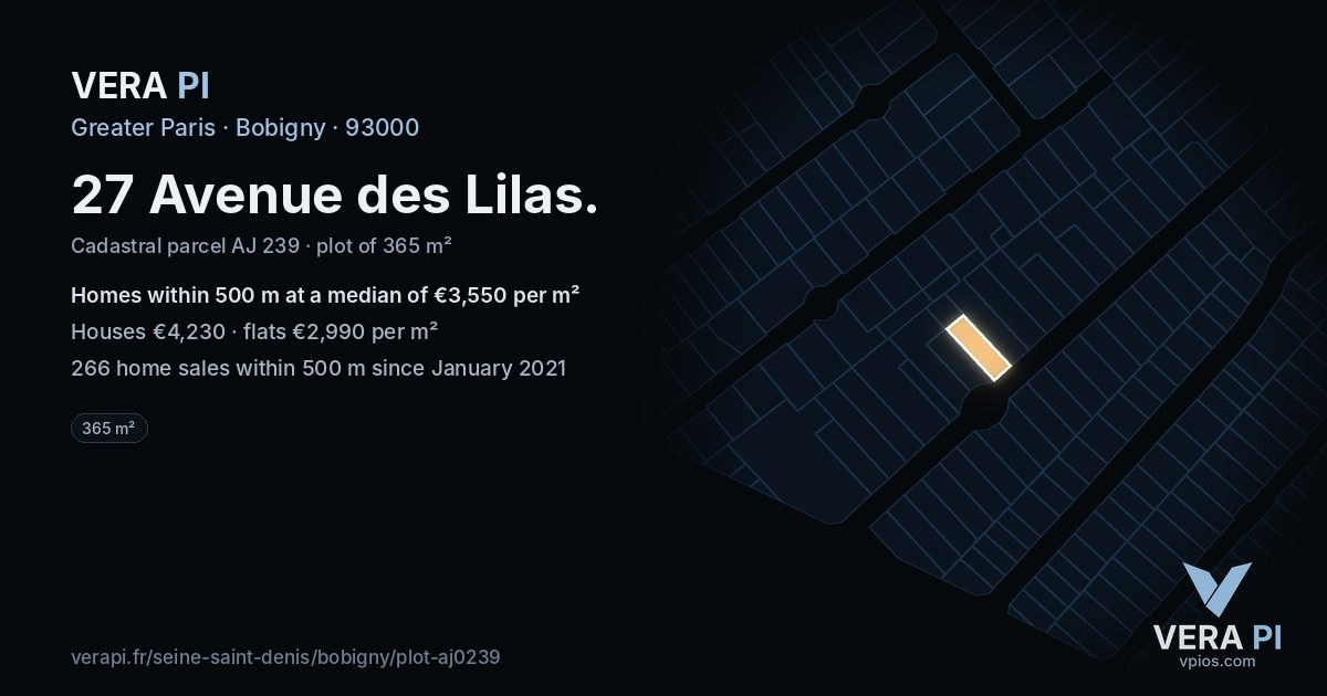 27 Avenue des Lilas, Bobigny at night – the plot lit, the parcels around coloured by the prices near them
