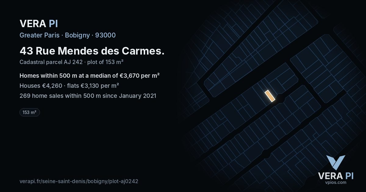 43 Rue Mendes des Carmes, Bobigny at night – the plot lit, the parcels around coloured by the prices near them