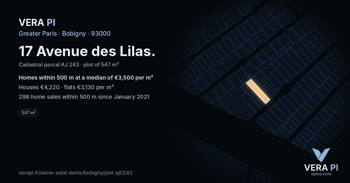 17 Avenue des Lilas, Bobigny at night – the plot lit, the parcels around coloured by the prices near them