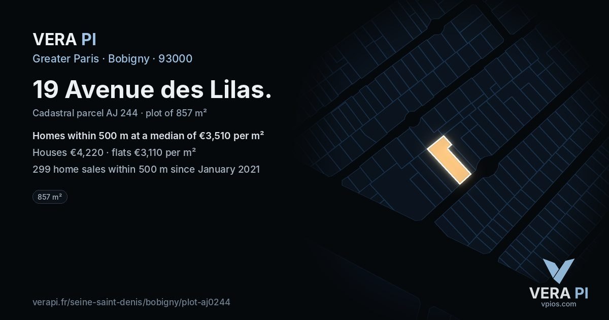 19 Avenue des Lilas, Bobigny at night – the plot lit, the parcels around coloured by the prices near them