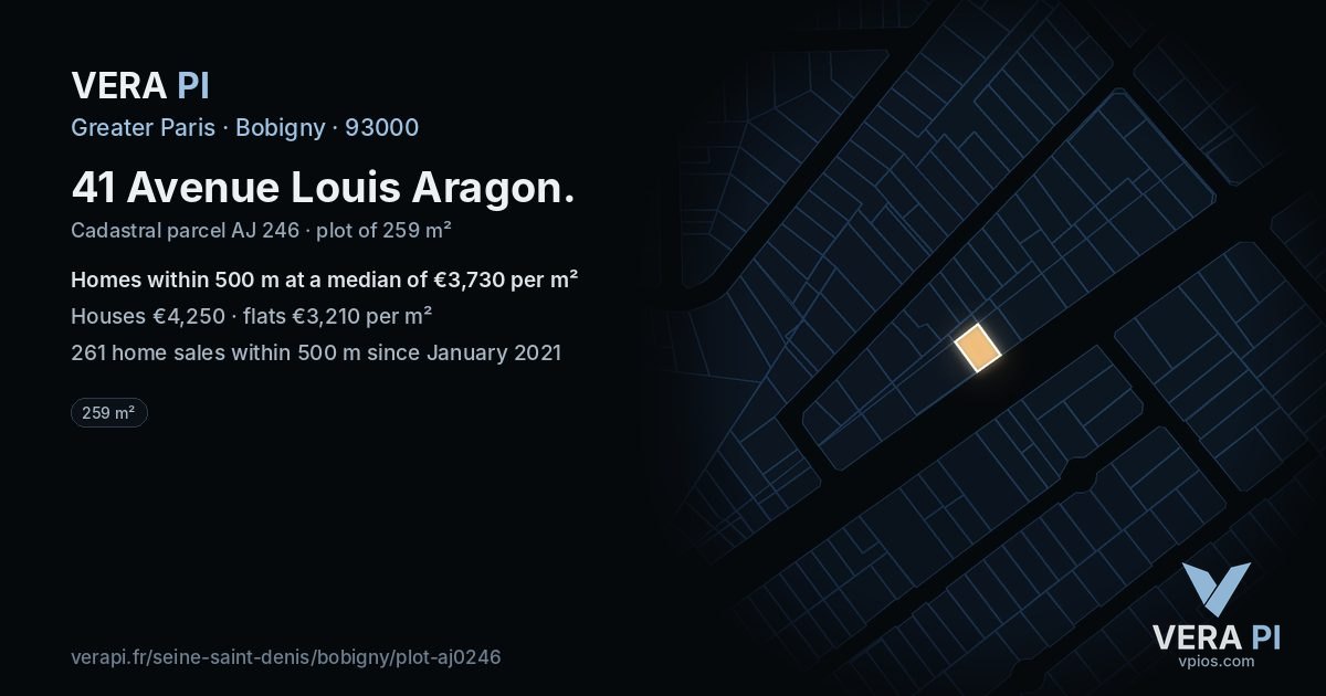 41 Avenue Louis Aragon, Bobigny at night – the plot lit, the parcels around coloured by the prices near them