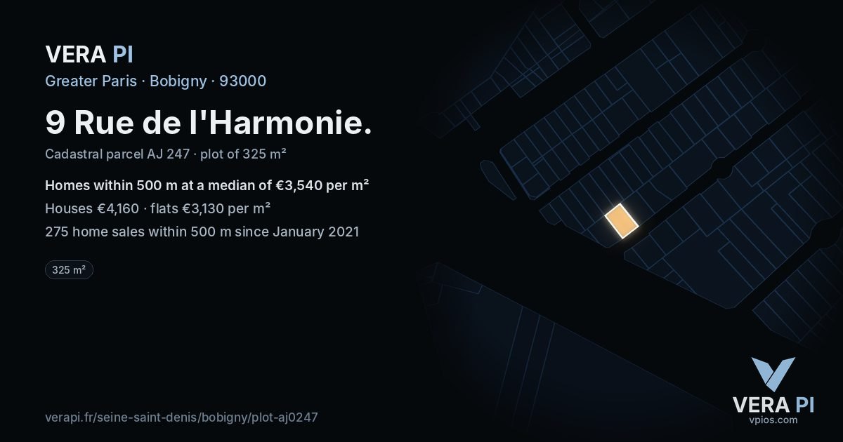 9 Rue de l'Harmonie, Bobigny at night – the plot lit, the parcels around coloured by the prices near them