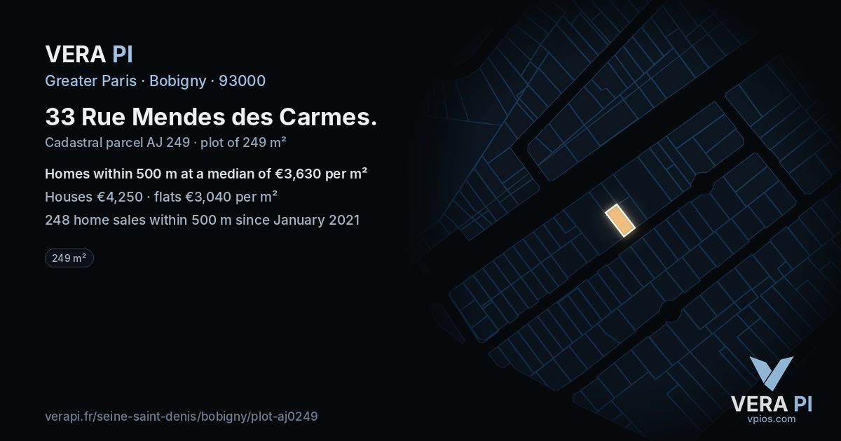 33 Rue Mendes des Carmes, Bobigny at night – the plot lit, the parcels around coloured by the prices near them