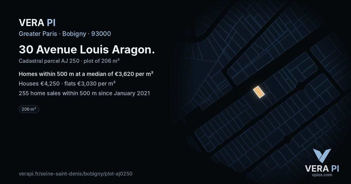 30 Avenue Louis Aragon, Bobigny at night – the plot lit, the parcels around coloured by the prices near them