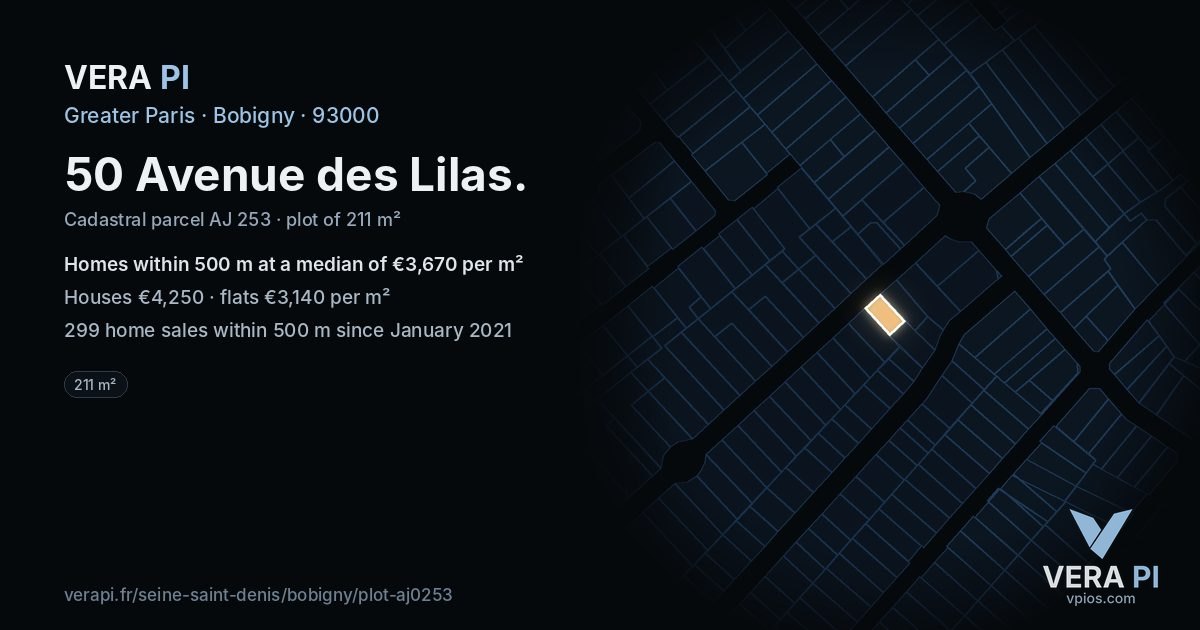 50 Avenue des Lilas, Bobigny at night – the plot lit, the parcels around coloured by the prices near them
