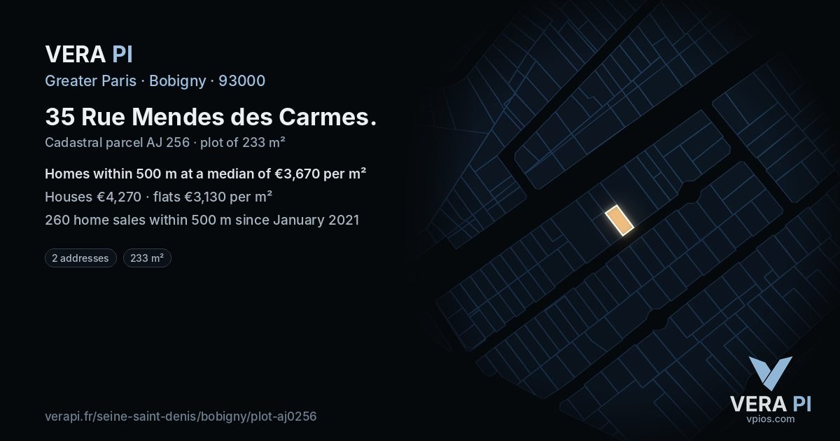 35 Rue Mendes des Carmes, Bobigny at night – the plot lit, the parcels around coloured by the prices near them