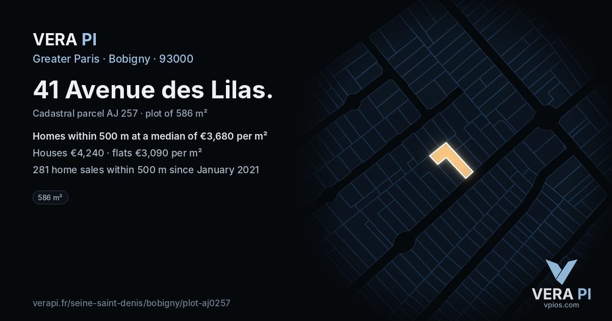 41 Avenue des Lilas, Bobigny at night – the plot lit, the parcels around coloured by the prices near them