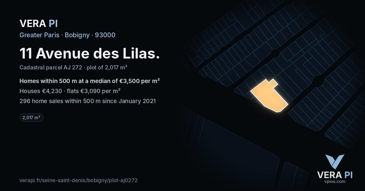 11 Avenue des Lilas, Bobigny at night – the plot lit, the parcels around coloured by the prices near them