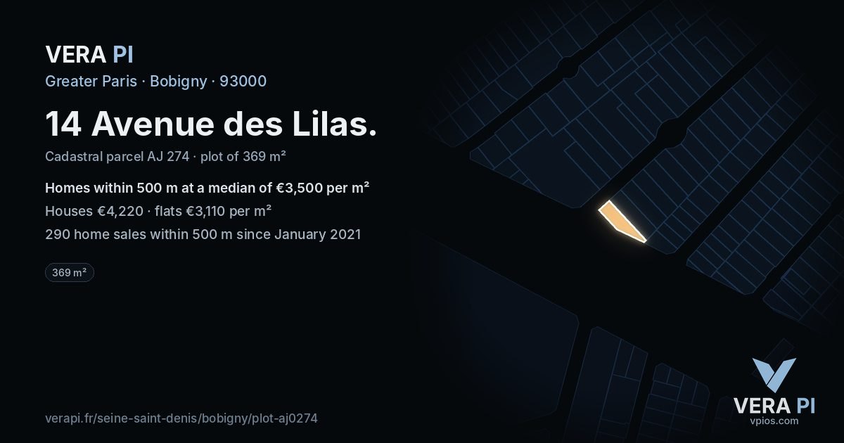 14 Avenue des Lilas, Bobigny at night – the plot lit, the parcels around coloured by the prices near them