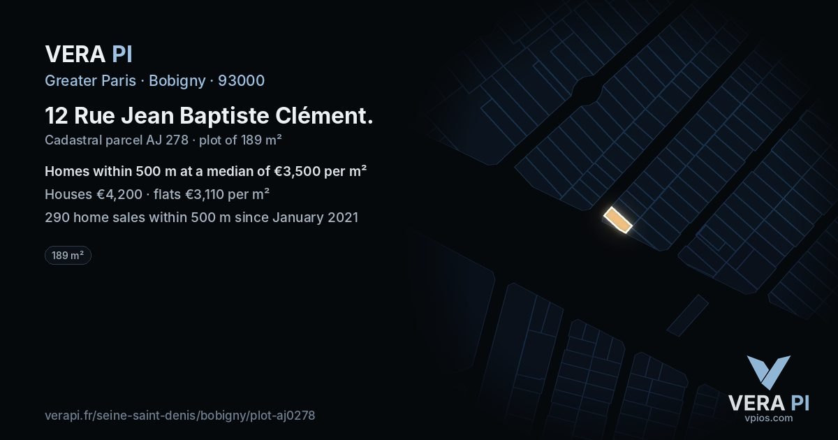 12 Rue Jean Baptiste Clément, Bobigny at night – the plot lit, the parcels around coloured by the prices near them