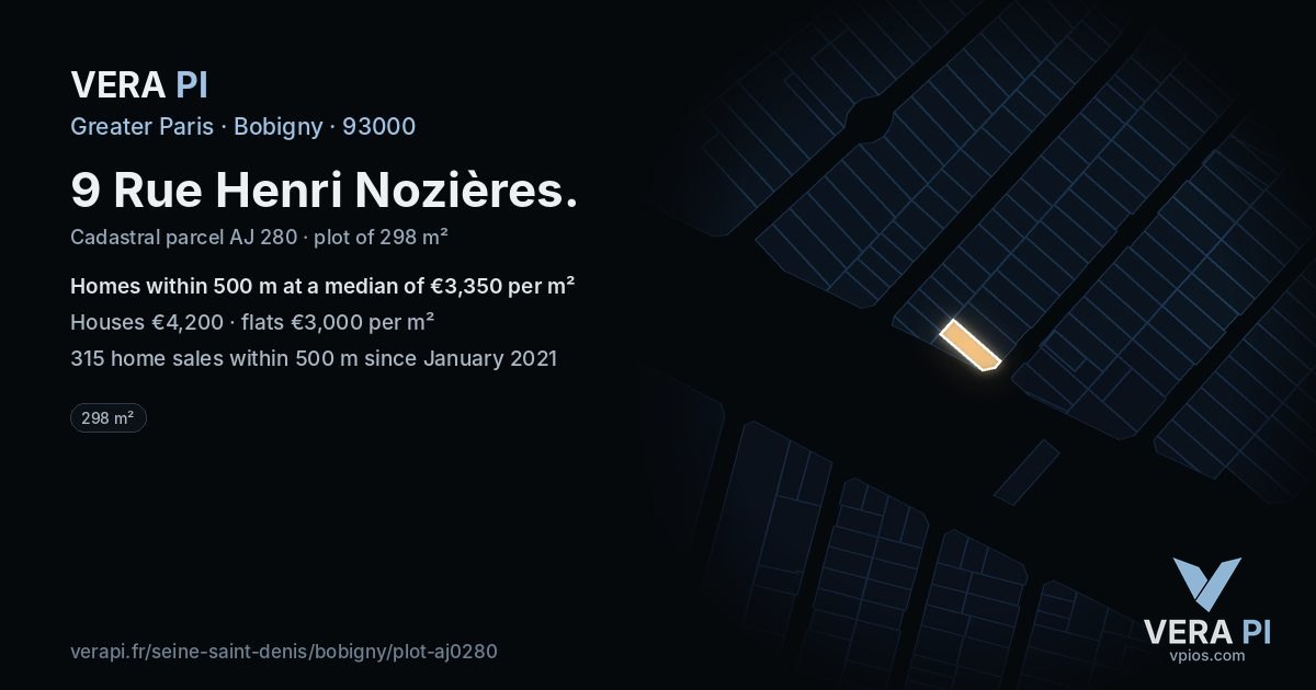 9 Rue Henri Nozières, Bobigny at night – the plot lit, the parcels around coloured by the prices near them